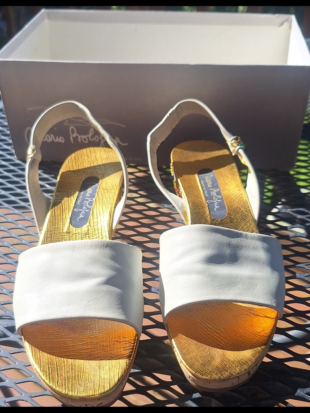 Vtg Mario Bologna Riccione White Leather Cork Wedge Sandals w/ Gold Beads 8 - Picture 6 of 10